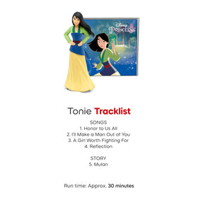 Tonies Mulan tracklist featuring songs and a story for kids.