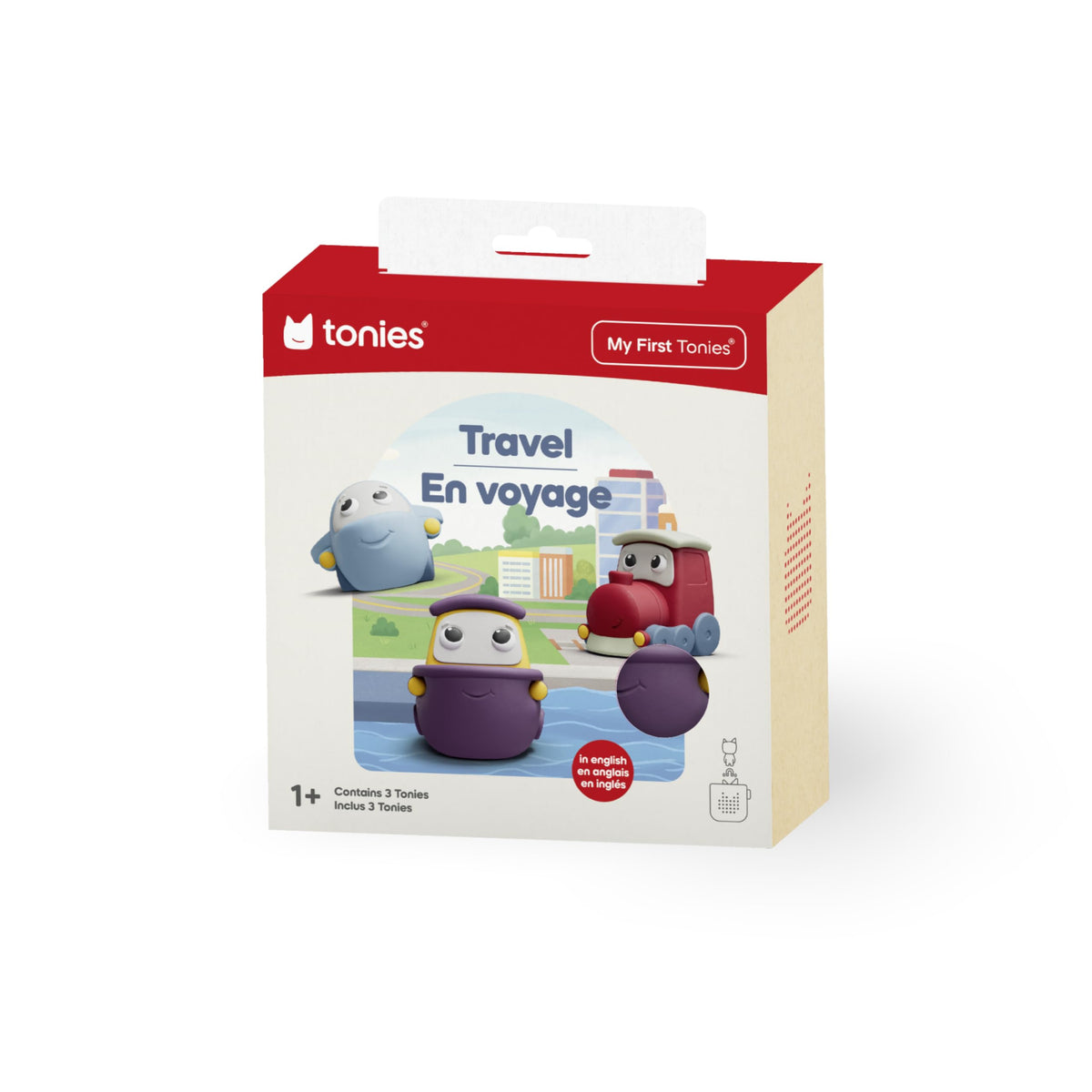 Tonies My First Travel Set playtime scene, kids exploring airplanes, ships and trains together.