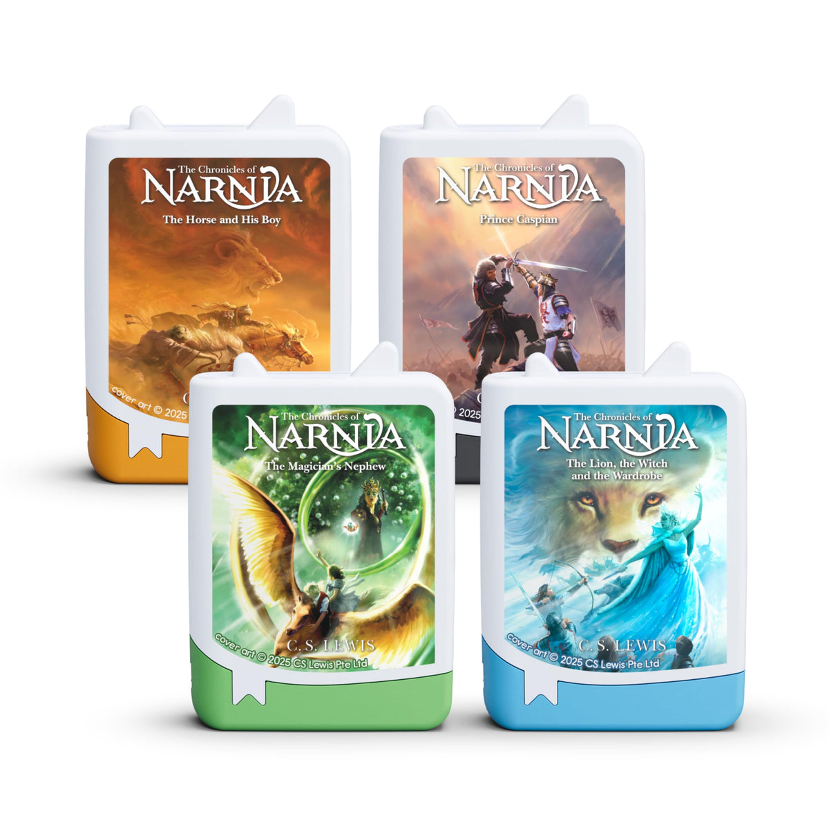 Tonies Narnia 4-pack packaging on display, inviting family listening sessions.