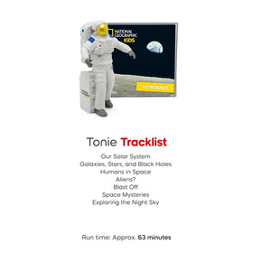 Tonies National Geographic Astronaut character beside planet map suggests interactive learning.