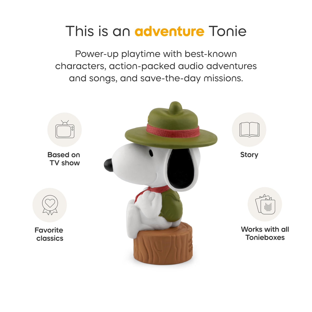 Tonies Camp Snoopy fishing badge highlights curiosity during listening.