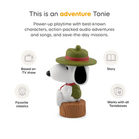 Tonies Camp Snoopy fishing badge highlights curiosity during listening.