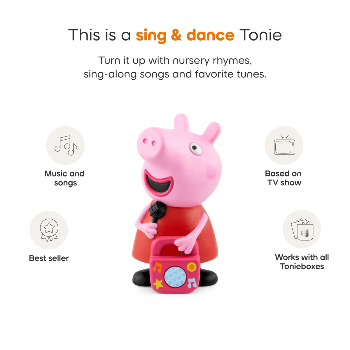 Tonies Peppa Pig album tracklist visual highlighting songs and stories.