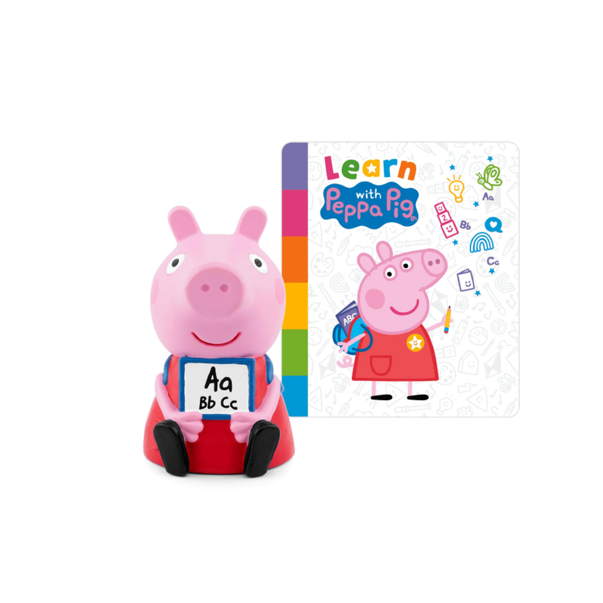 Tonies Peppa Pig figurine packaging close-up highlighting stories for early learning.