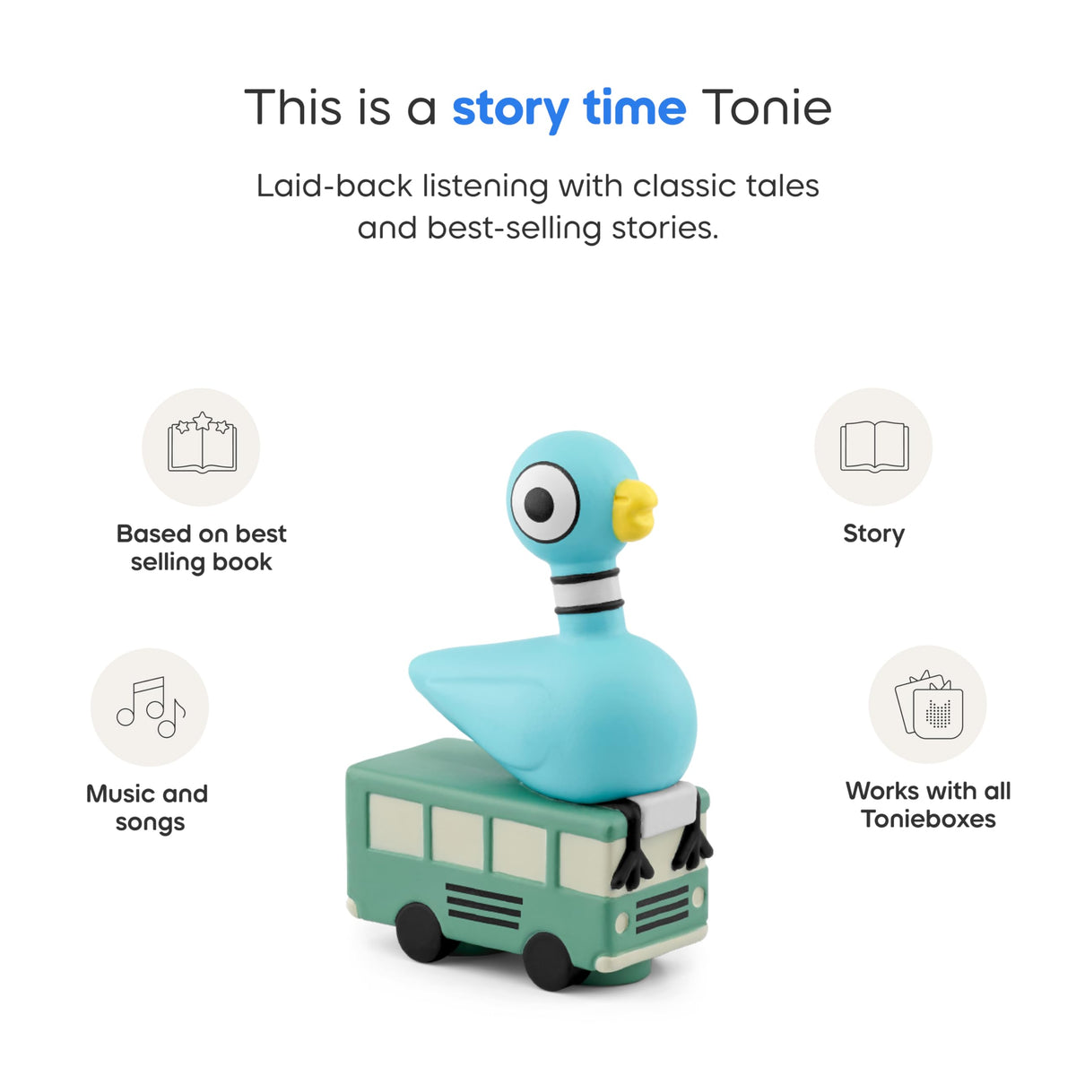 Tonies Pigeon story list card highlights seven stories and five songs.