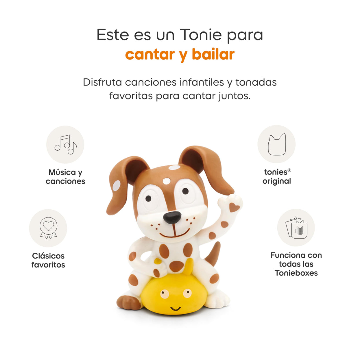 Young child dancing with Tonies Spanish Playtime Songs playing, encouraging active play.