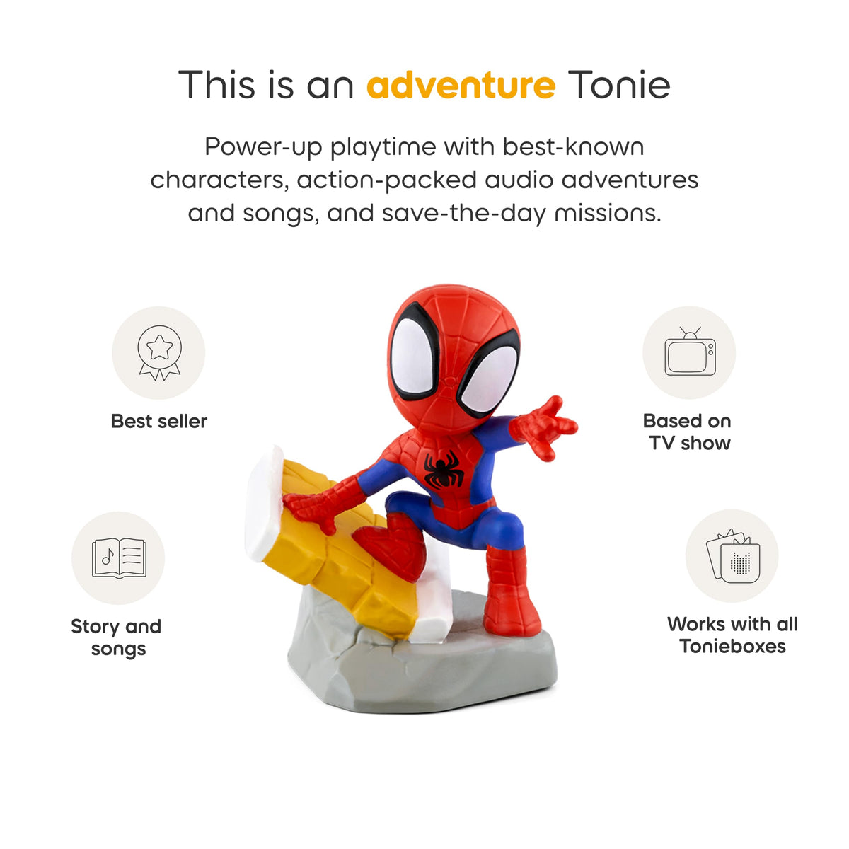 Spidey figurine next to a ready to play Toniebox setup