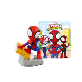 Tonies Spidey figurine shown with Toniebox for immersive listening