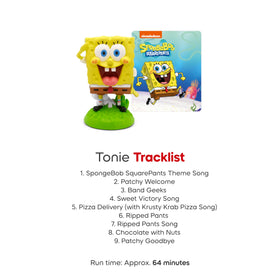 Kid using Toniebox with SpongeBob figurine for screen-free entertainment.