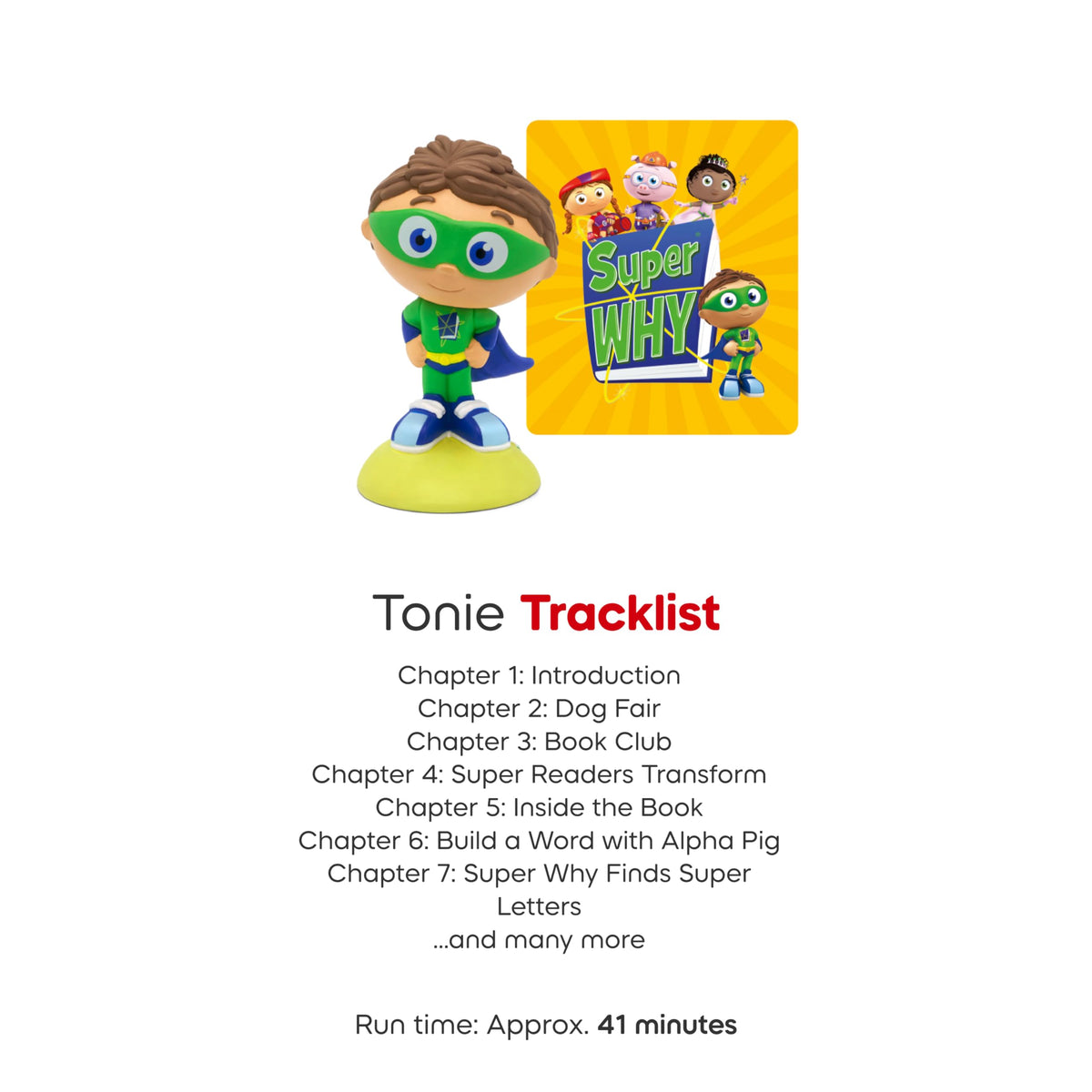 Tonies Super Why! packaging highlights Toniebox compatibility for easy playback.