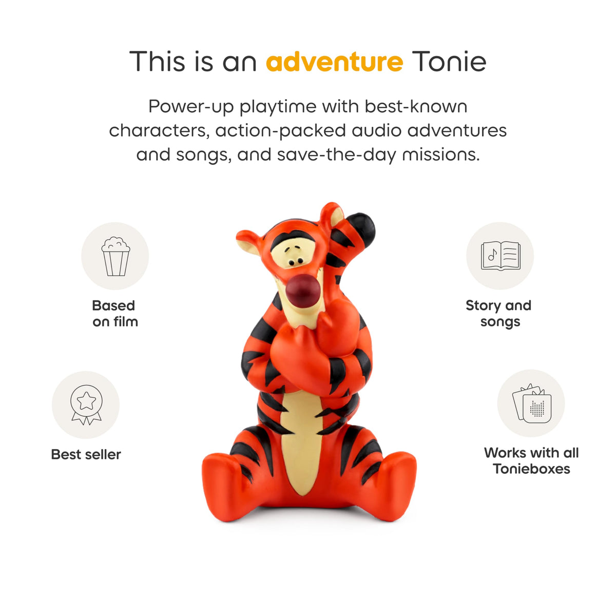 Tonies Tigger figure complements family-friendly play with stories about friendship and teamwork.