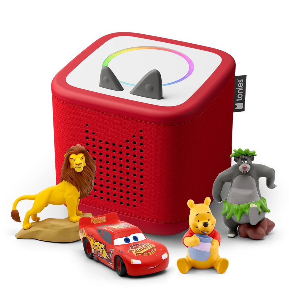Tonies Toniebox 2 Disney bundle in Sunset Red enables independent, screen-free storytelling.