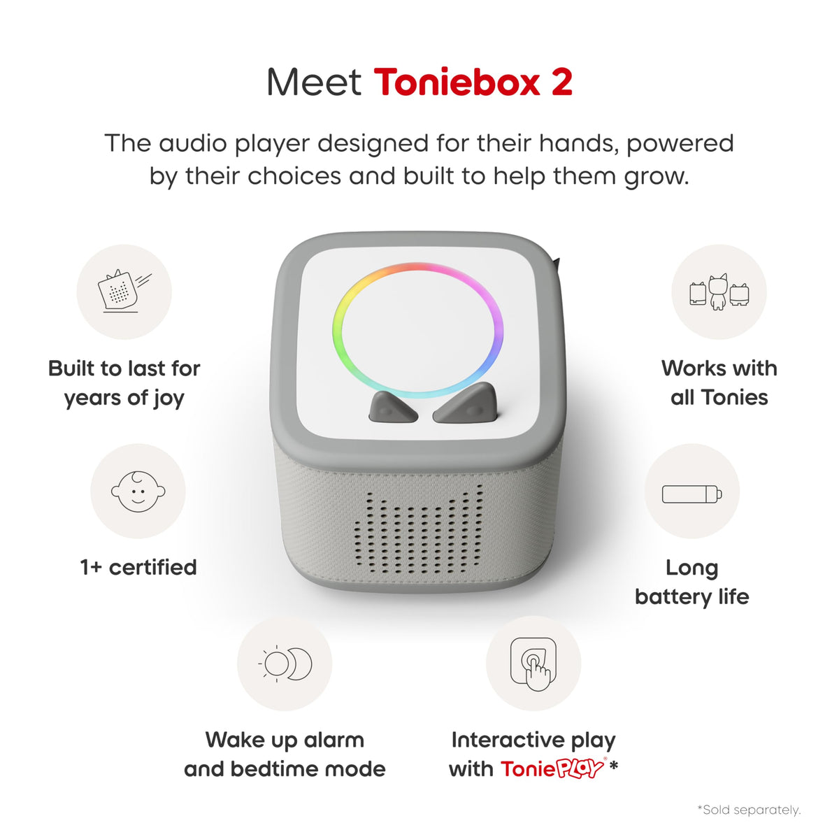 Toniebox ears and volume control for adjustable listening levels.