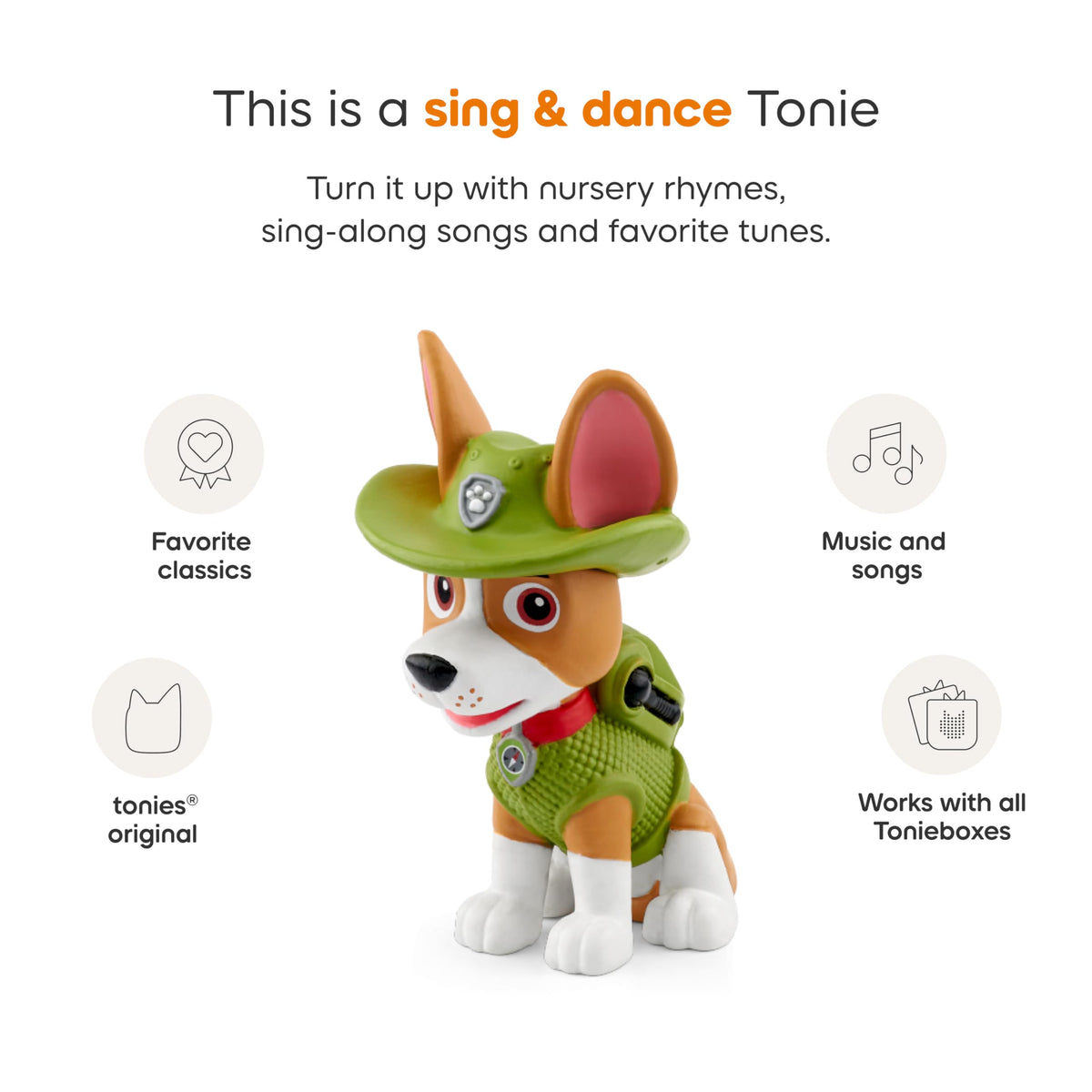 Tonies Tracker PAW Patrol packaging showing included content and songs.