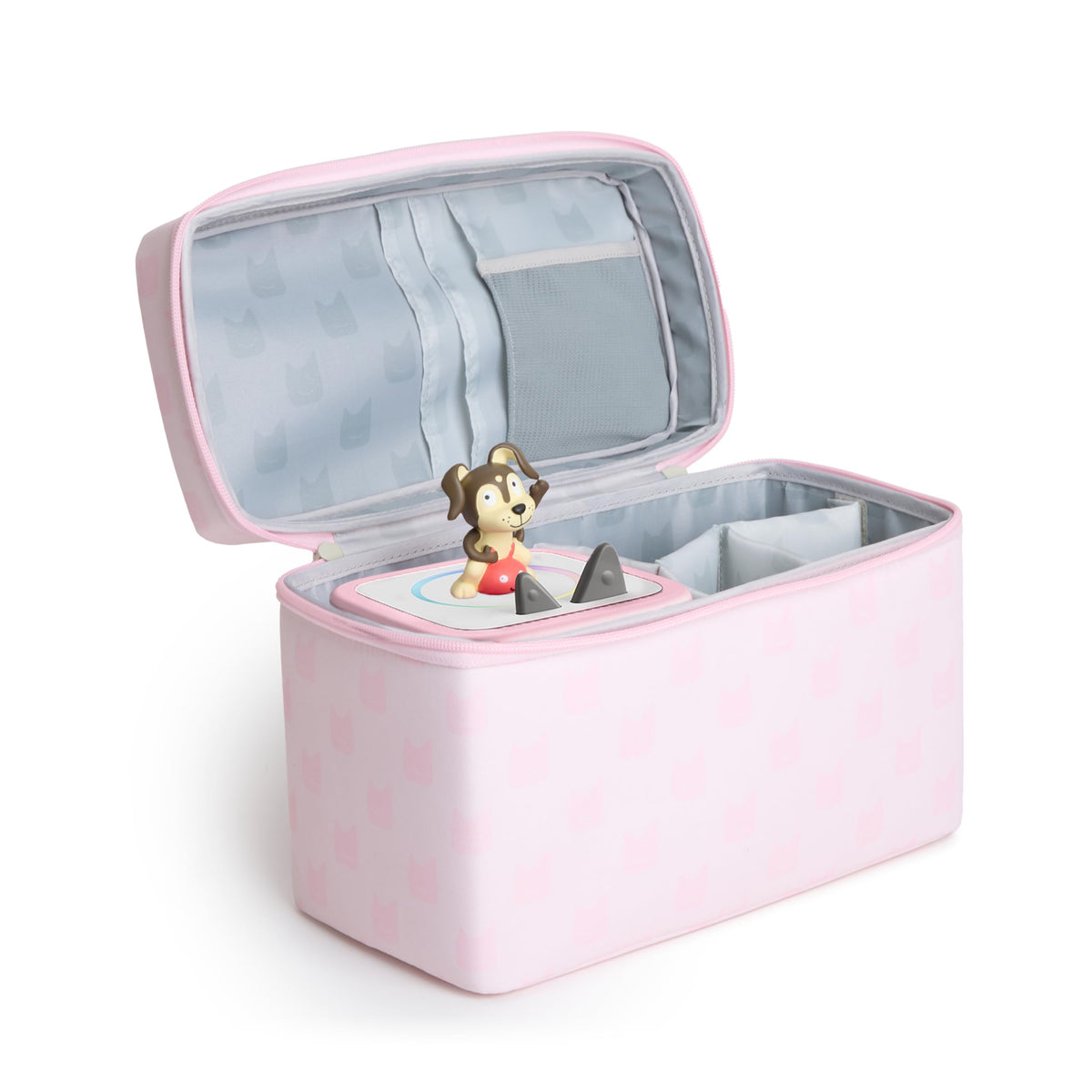 Tonies travel bag interior with compartments to organize Toniebox 2 and accessories.