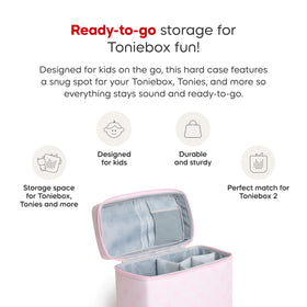 Tonies cloud pink travel bag with sturdy handle and zipper for grab-and-go use.