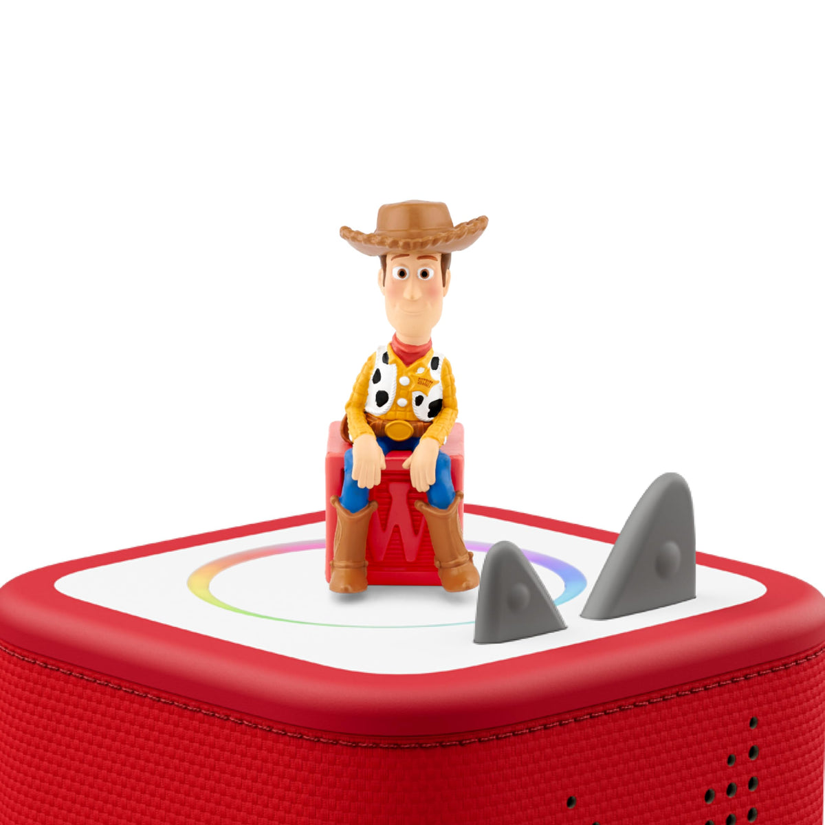 Tonies Woody beside the Toniebox enables easy screen-free listening.