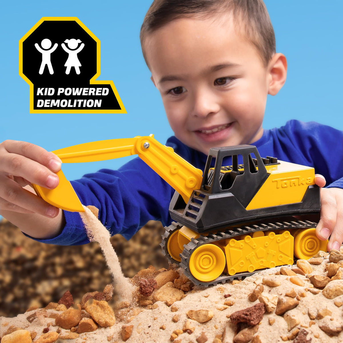 Tonka dump truck steel construction highlights durability for indoor and outdoor use.