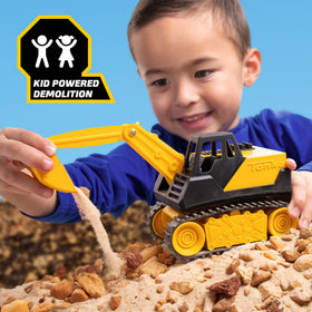 Tonka dump truck steel construction highlights durability for indoor and outdoor use.