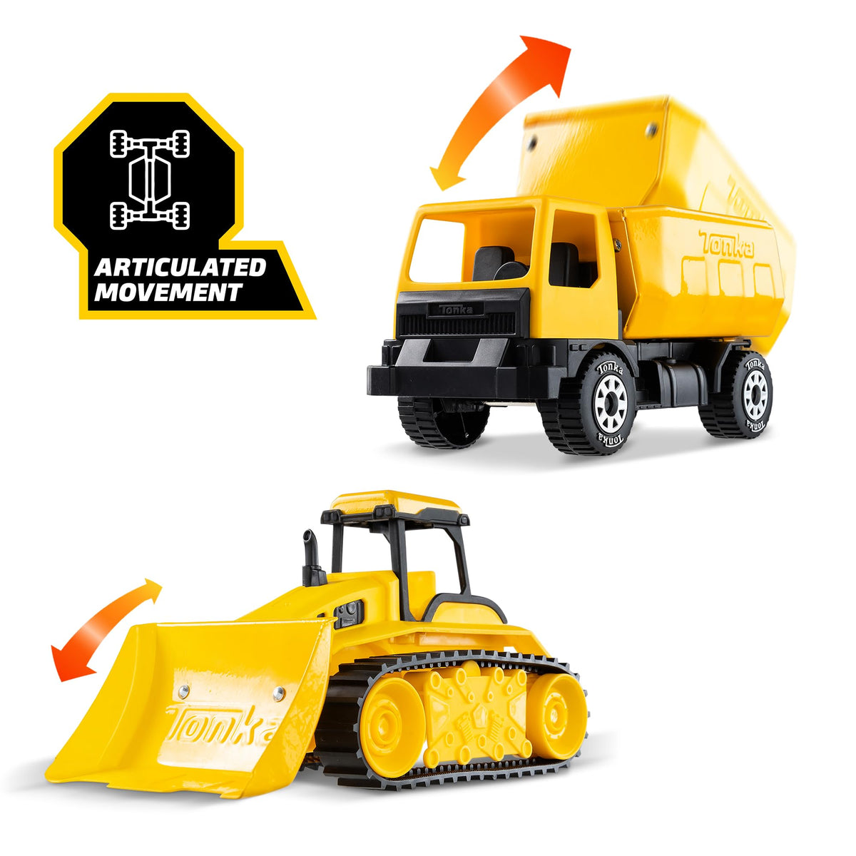 Tonka dump truck with working dump bed for loading and unloading play.