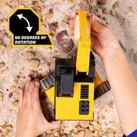Tonka excavator with rotating cab and rolling treads for versatile terrain play.