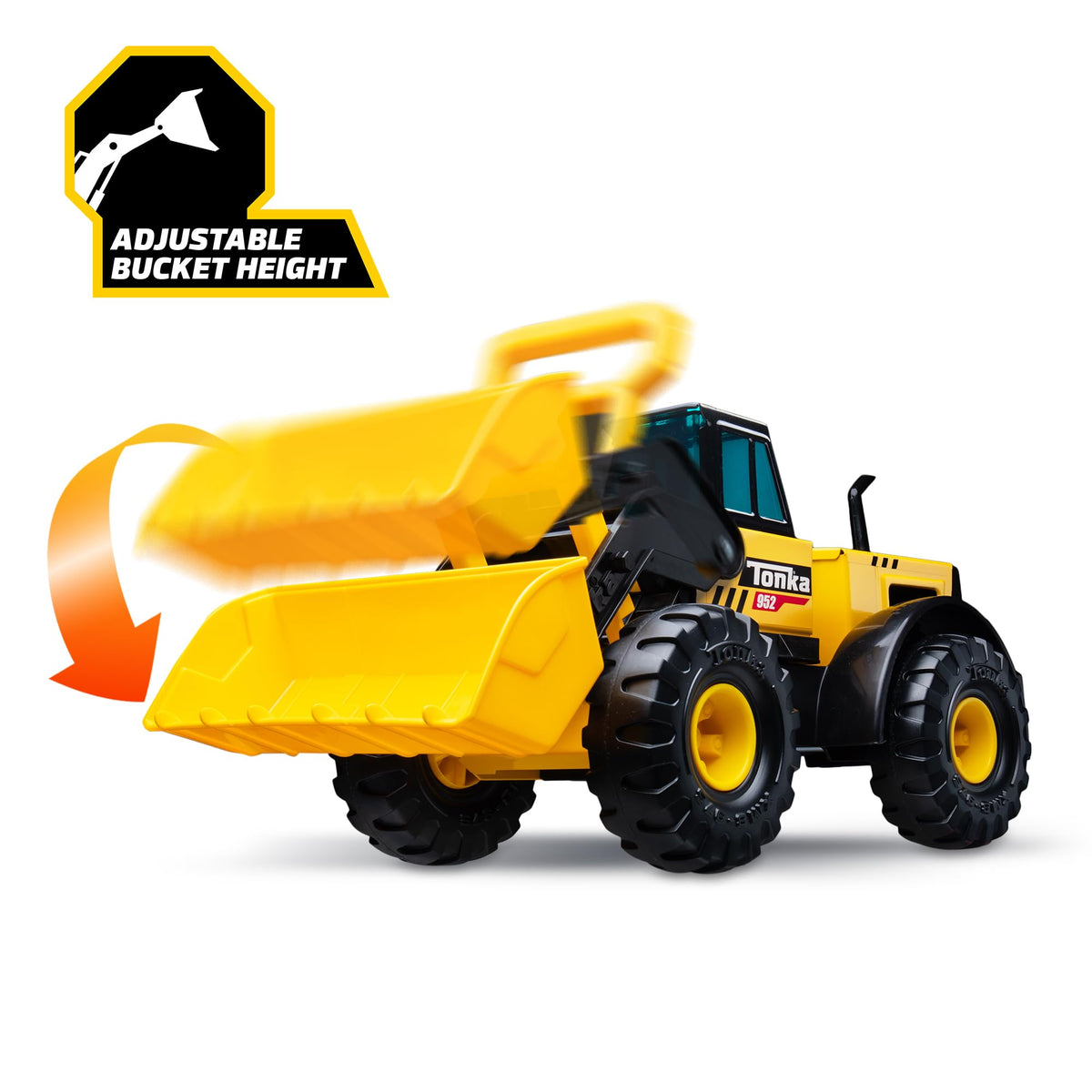 Tonka Front Loader showing dump action for pretend material release.