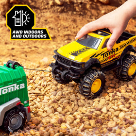 Tonka truck close-up showing steel core and sturdy plastic build.