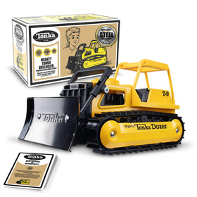 Tonka Retro Mighty Bulldozer Collector Edition front view highlights durable steel construction for rugged outdoor play