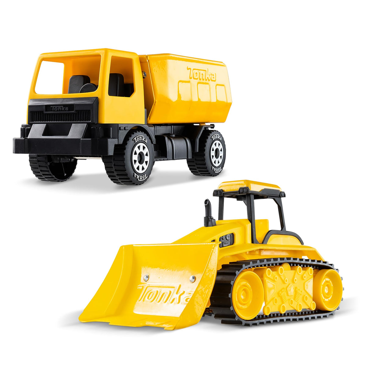 Tonka Steel Classics 2-Pack dump truck and bulldozer for rugged outdoor play.