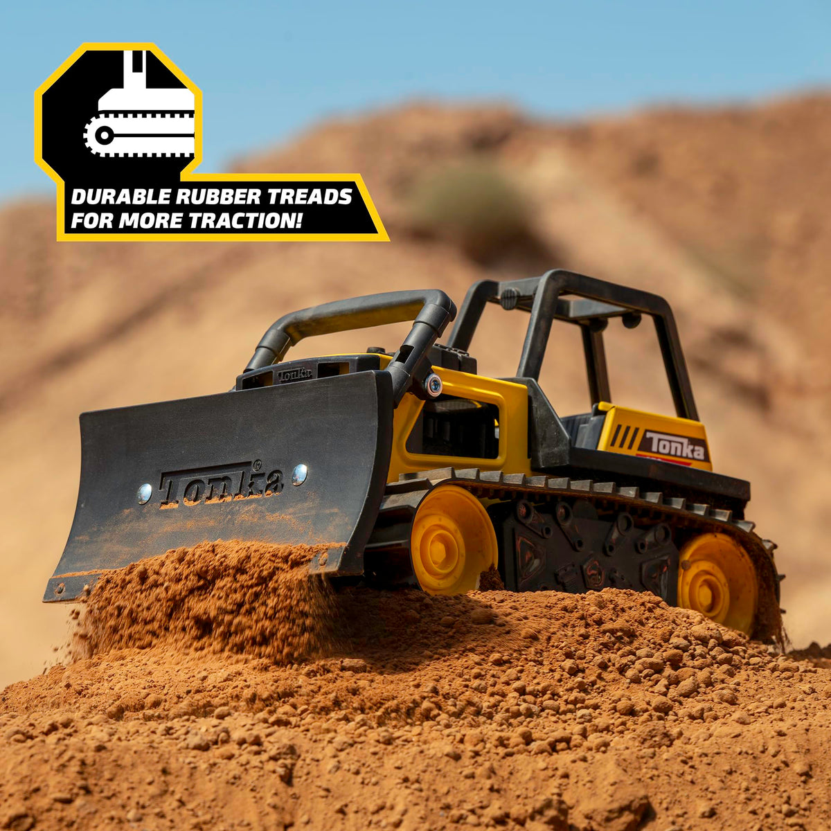 Tonka Bulldozer built with real steel and tough plastic for long-lasting fun.