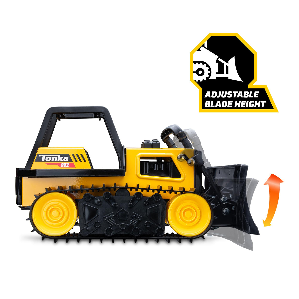 Tonka Bulldozer side-profile highlights sturdy steel and durable plastic.