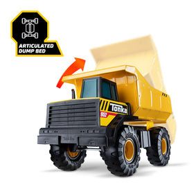 Tonka Mighty Dump Truck side view shows sturdy steel-plastic build for lasting fun