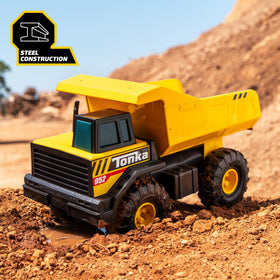Tonka Mighty Dump Truck steel bed highlights durable construction for rough play