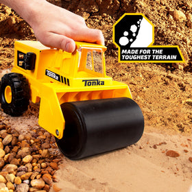 Tonka Steam Roller filled roller demonstrates added weight for navigating bumps outdoors.