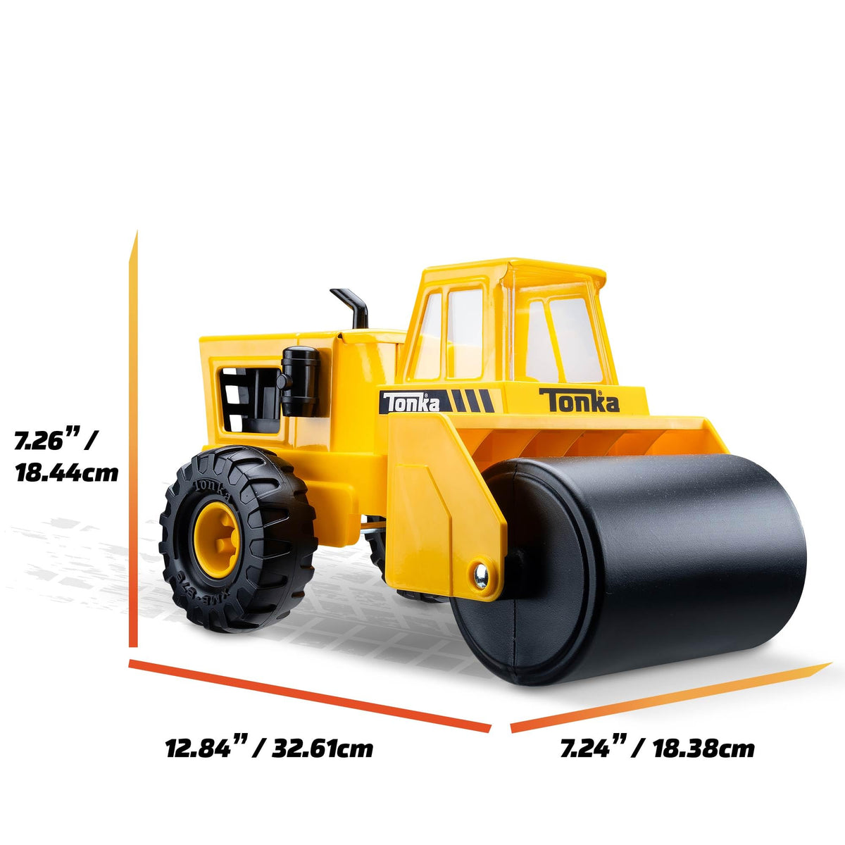 Tonka Steam Roller yellow body signals iconic design and high visibility on play surfaces.