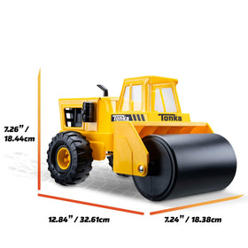 Tonka Steam Roller yellow body signals iconic design and high visibility on play surfaces.