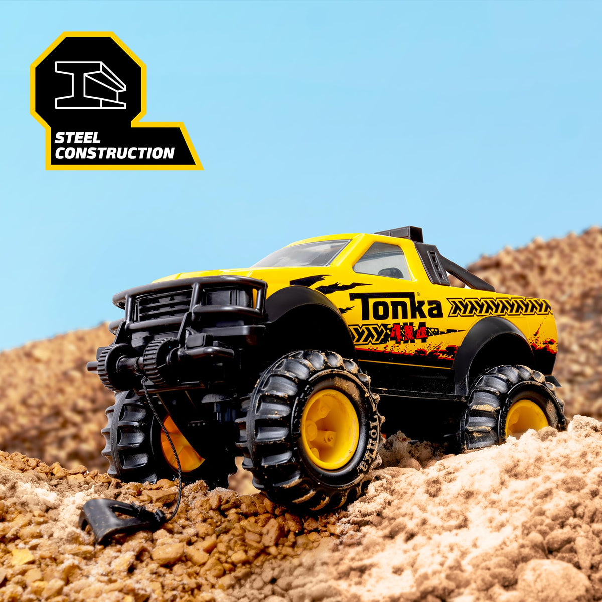 Tonka Steel 4x4 pickup with tow winch for engaging rescue and haul scenarios.