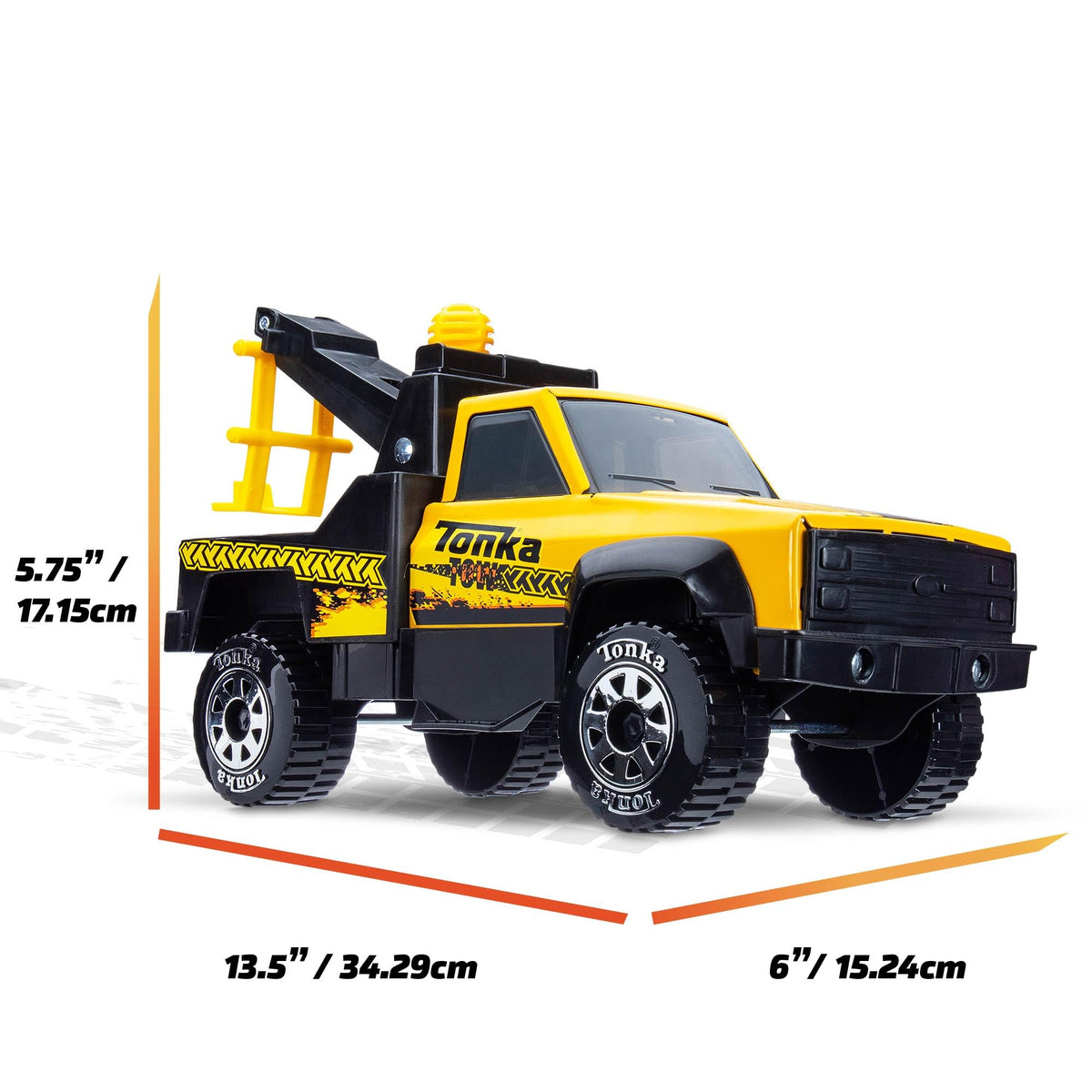 Tonka Tow Truck close-up highlights cold-rolled steel construction.