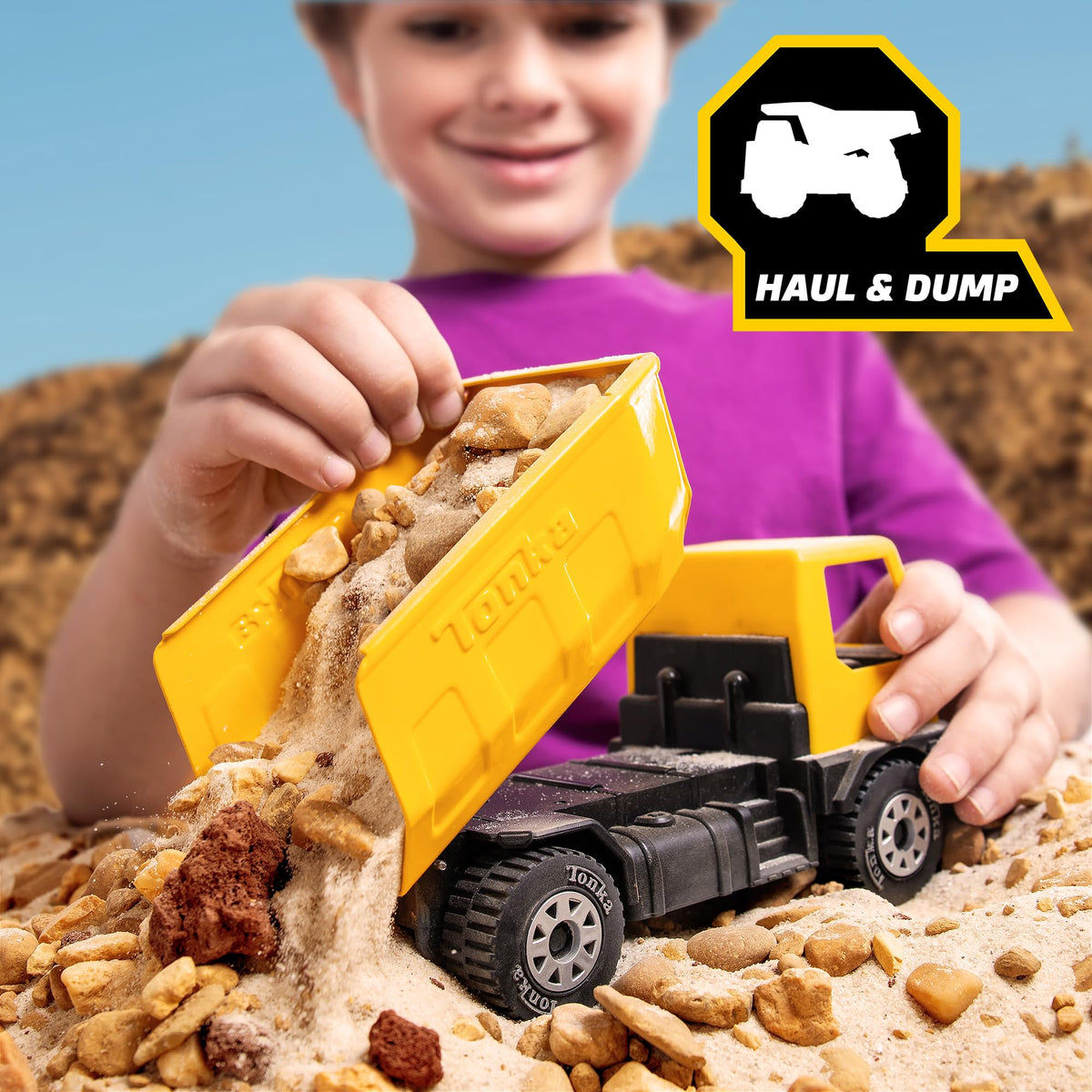 Bright yellow Tonka trucks invite imaginative play in yard or sandbox.