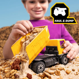 Bright yellow Tonka trucks invite imaginative play in yard or sandbox.
