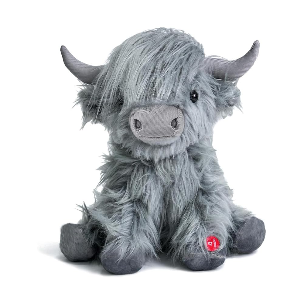 Tonpect Highland Cow plush full view showing soft grey fur and friendly expression