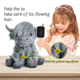 Tonpect Highland Cow plush perched on a shelf for home decor setup