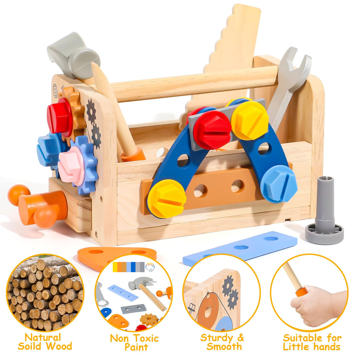 Multifunction wooden toolbox serving as storage and portable station.