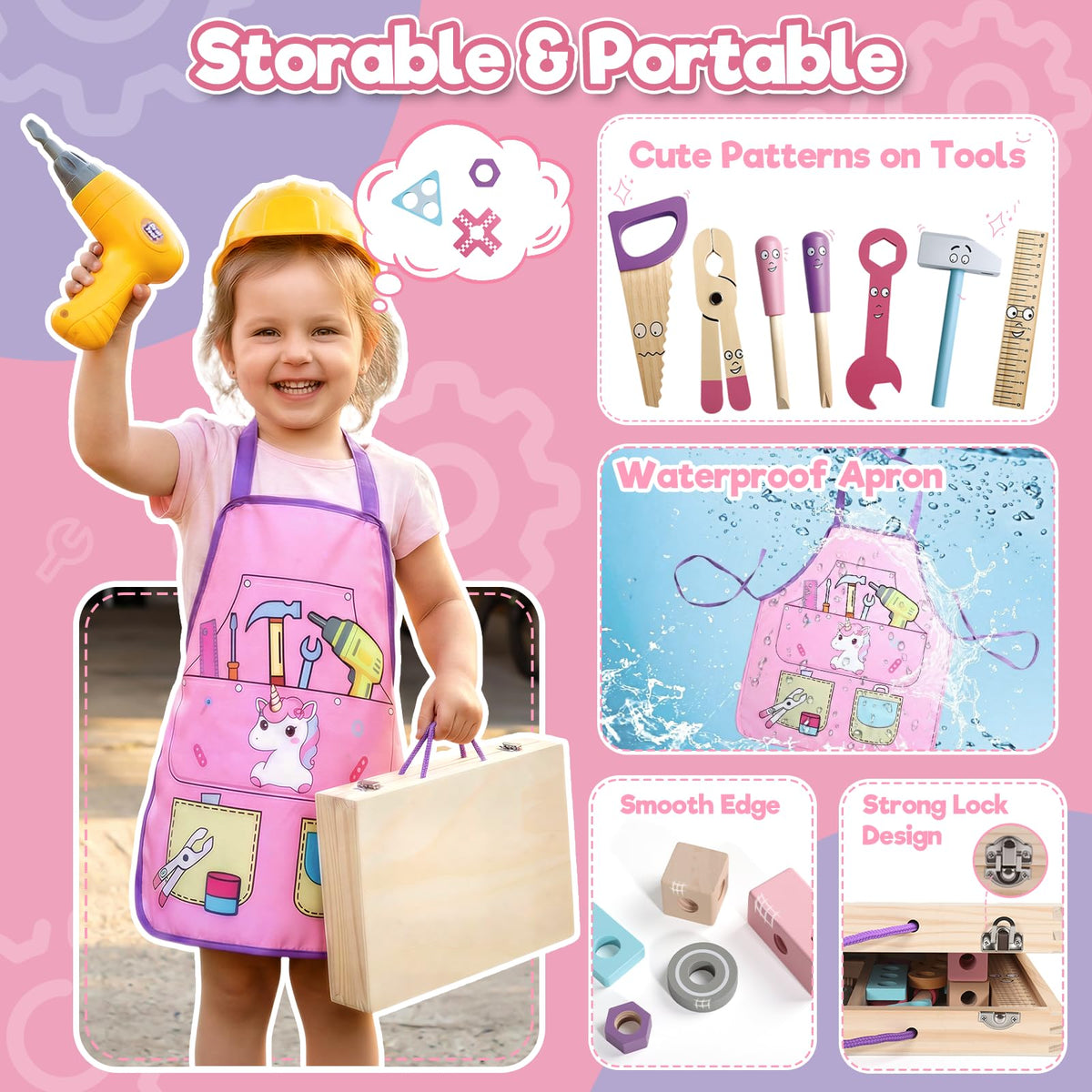 TONZE pink wooden tool box closed shows tidy storage and portability
