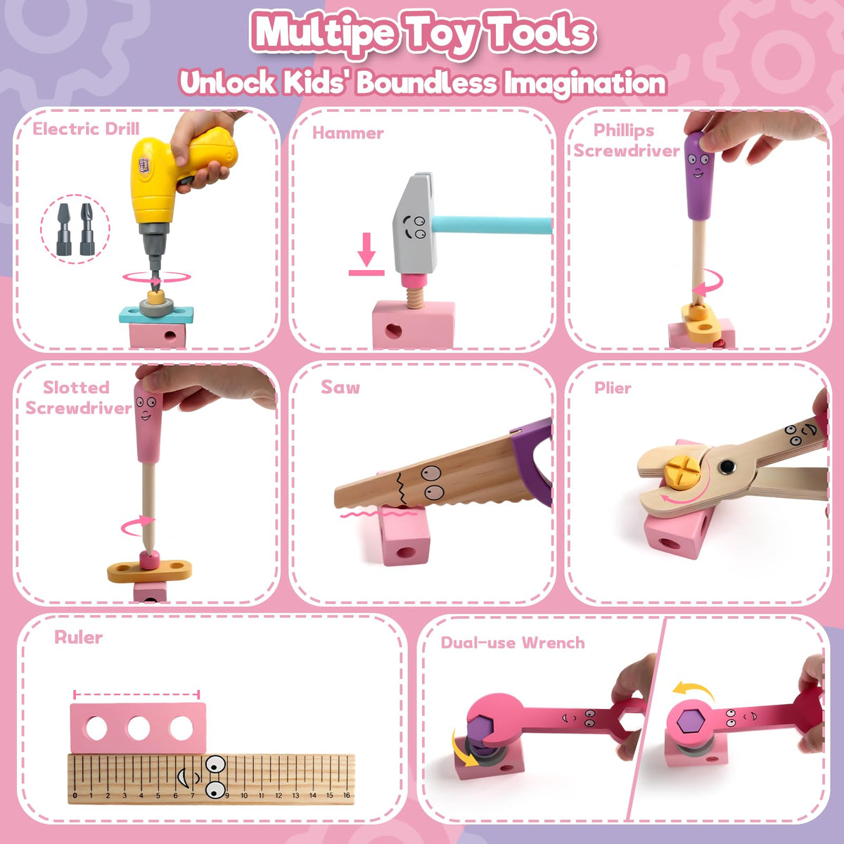 TONZE pink tool-set child at work depicts engagement and fine motor practice