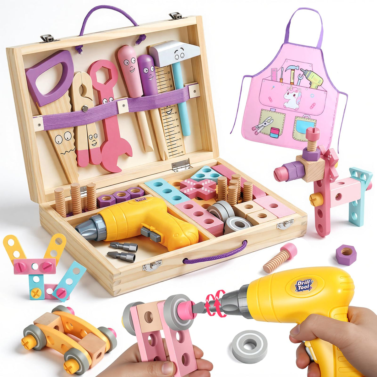 TONZE pink wooden tool set box with drill fosters imaginative play and coordination