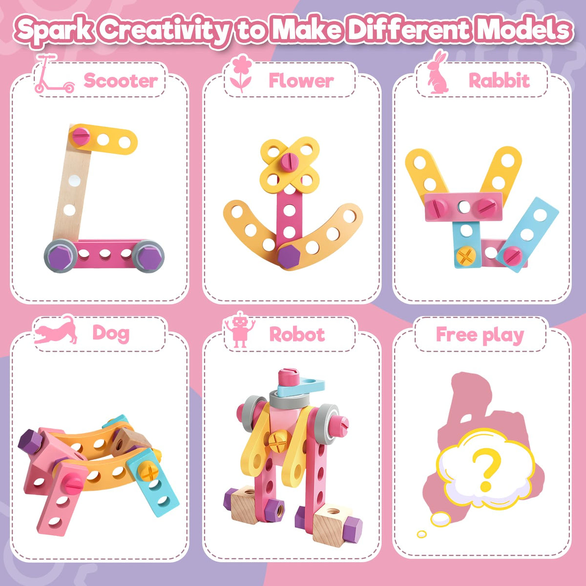 TONZE pink wooden pieces laid out highlight diverse tools for building skills