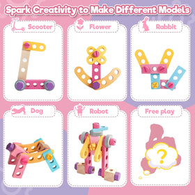 TONZE pink wooden pieces laid out highlight diverse tools for building skills