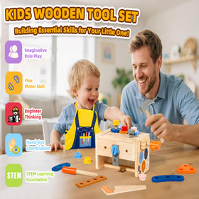 Wooden saw and wrench supporting hand-eye coordination through role-play.
