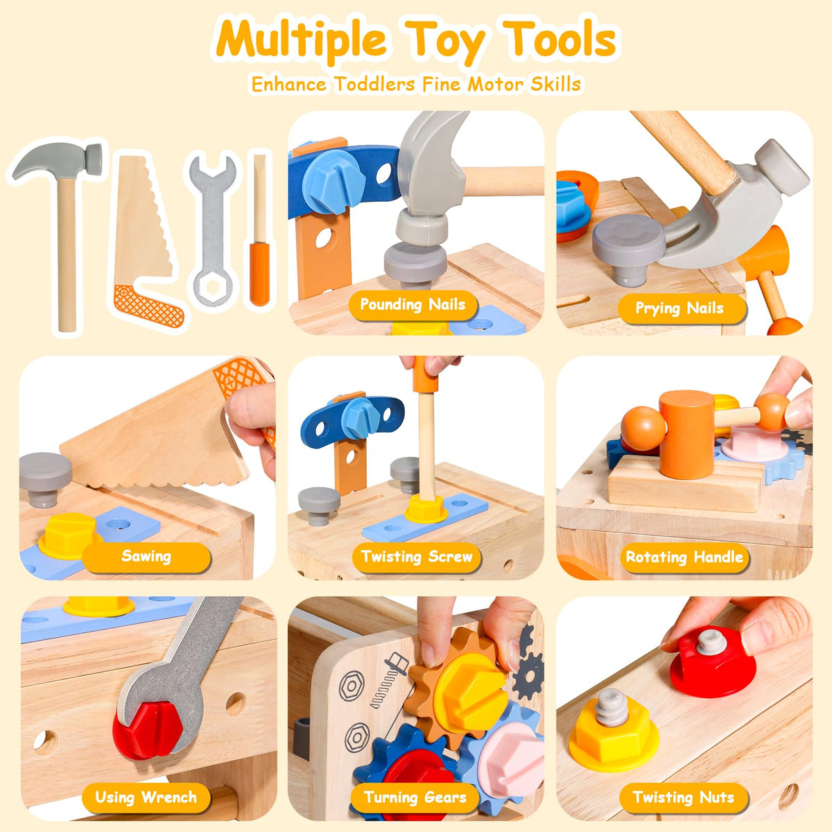 TONZE wooden workbench and colorful tools for safe play.